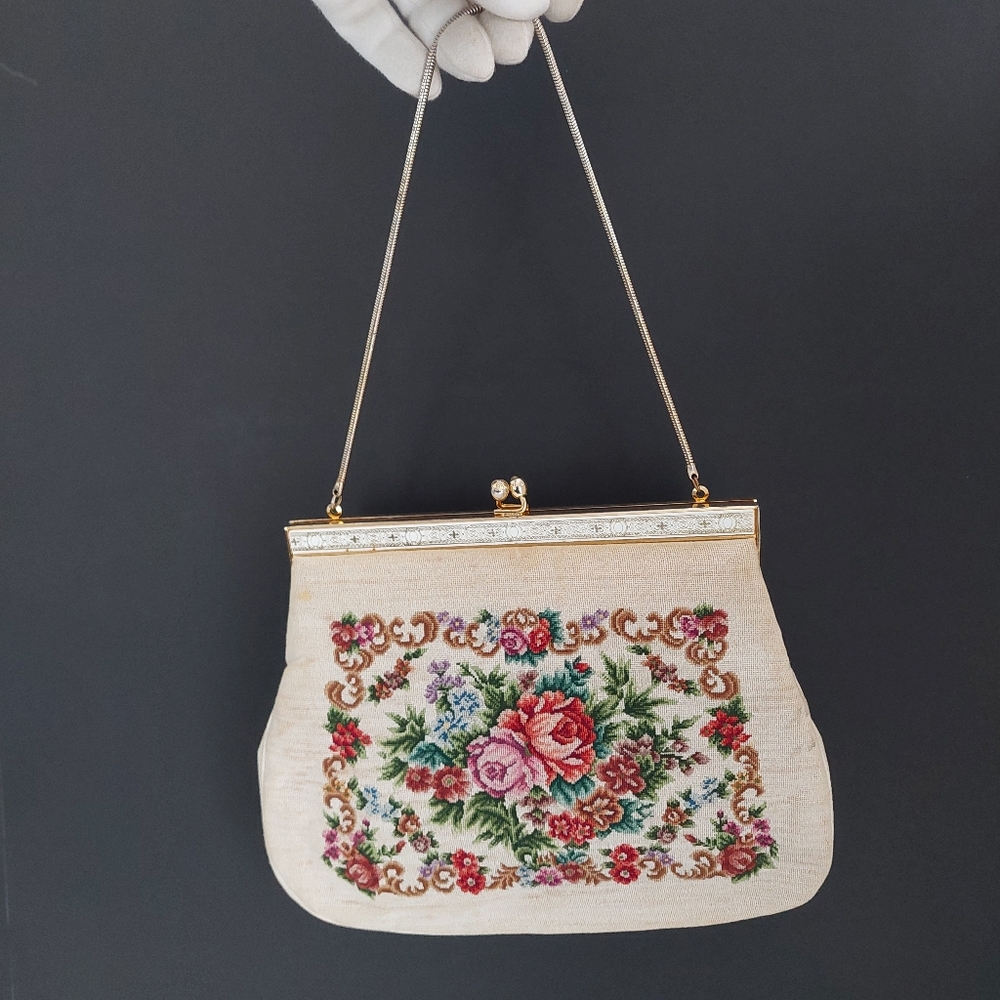 Vintage Petit Point Floral Tapestry Evening Bag, 1950s Needlepoint Clutch - Picture 1 of 14